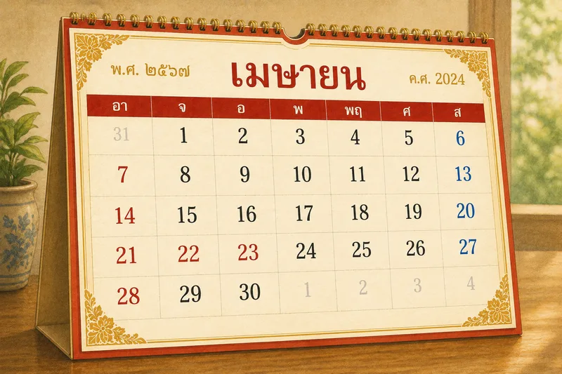 A modern Thai wall calendar showing Thai month names, weekday abbreviations, and Buddhist Era year number alongside the Gregorian year