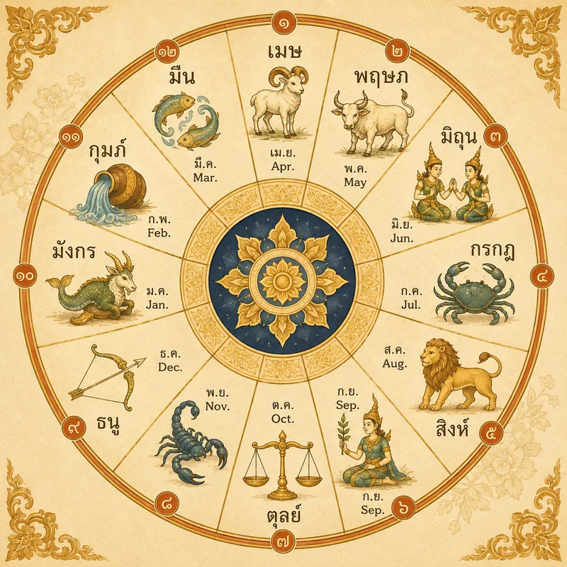 A circular zodiac wheel showing the 12 Thai month names in Thai script alongside their corresponding zodiac symbols, on a clean educational background with Sanskrit zodiac creature illustrations