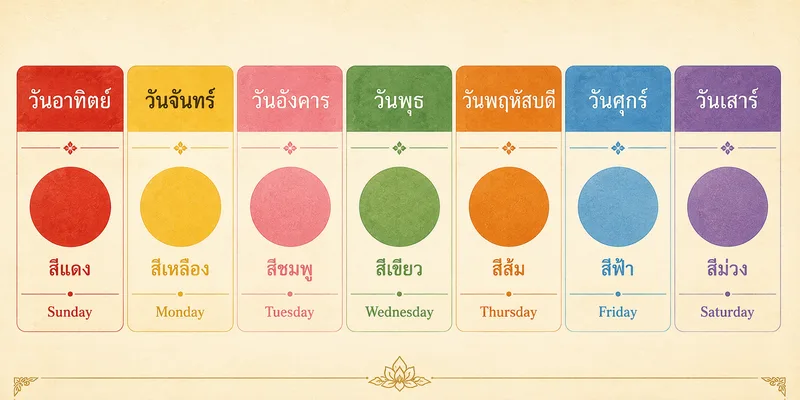 A clean infographic chart showing the seven days of the Thai week, each in its associated color, with the Thai day name written in Thai script on a colored background — yellow Monday, pink Tuesday, green Wednesday, orange Thursday, blue Friday, purple Saturday, red Sunday